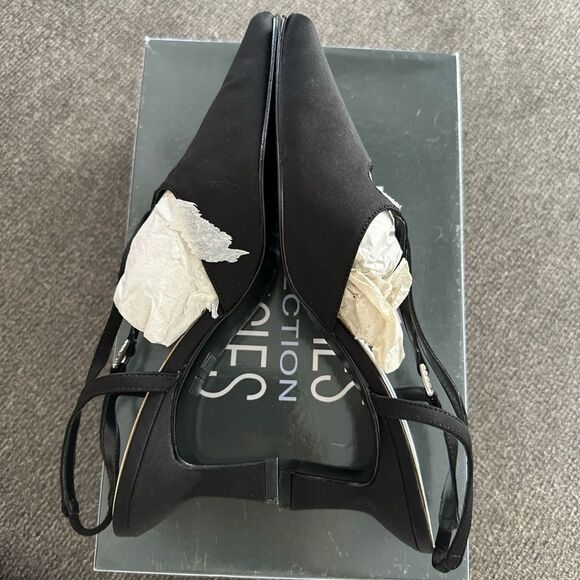 90s Black Satin Heels Slingback Rhinestone Formal Size 7 - Picture 7 of 10